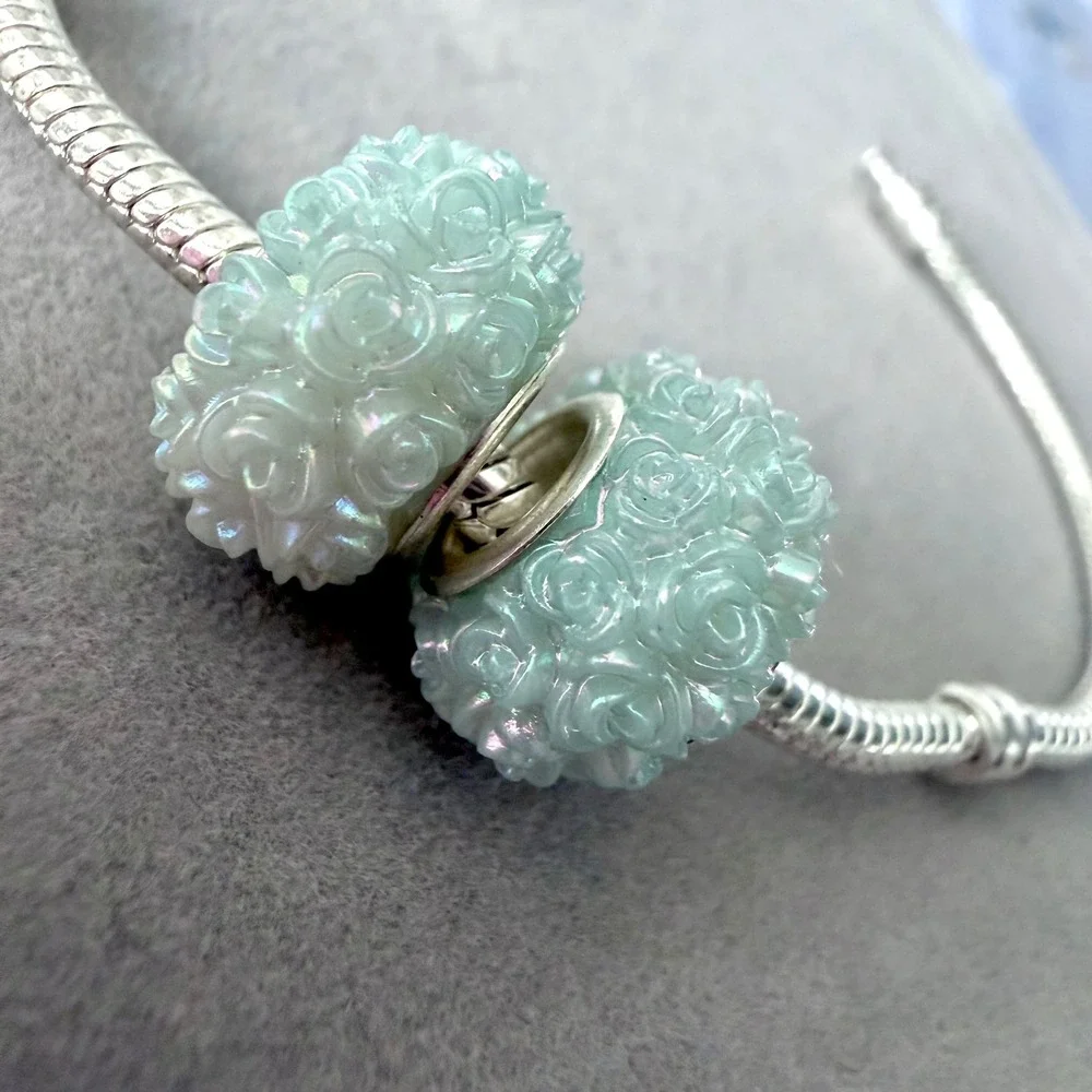 2 PCs Mint Green Iridescent Rose Flower Beads Floral Charm fits PANDORA